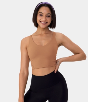 Halara Cloudful® Padded V Neck Cropped Yoga Tank Women's Tops Sandstone | VWBLZMR-10