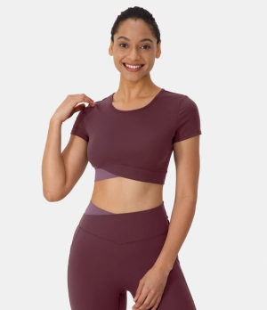 Halara Cloudful® Round Neck Crossover Color Block Cropped Sports Women's Tops Andorra | MPJGWKT-35