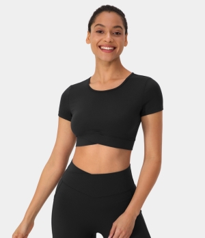 Halara Cloudful® Round Neck Crossover Color Block Cropped Sports Women's Tops Black | UMAODHS-84