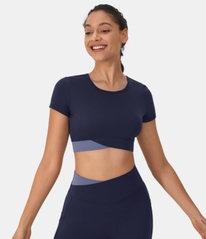 Halara Cloudful® Round Neck Crossover Color Block Cropped Sports Women's Tops Peacoat | XAGHNFT-63