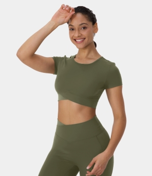Halara Cloudful® Round Neck Crossover Color Block Cropped Sports Women's Tops Winter Moss | XYSCRLV-34