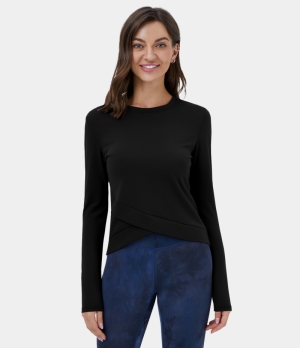 Halara Cloudful® Round Neck Crossover Hem Yoga Sports Women's Tops Black | GKJDEOW-20
