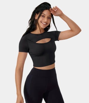 Halara Cloudful® Round Neck Cut Out Cropped Barre Ballet Dance Sports Women's Tops Midnight Adventure - Black | MABDVQY-97