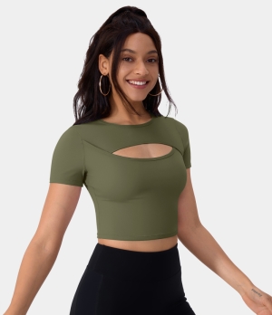 Halara Cloudful® Round Neck Cut Out Cropped Barre Ballet Dance Sports Women's Tops Winter Moss | QDIRCNB-41