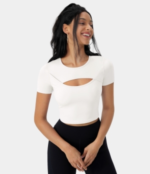 Halara Cloudful® Round Neck Cut Out Cropped Barre Ballet Dance Sports Women's Tops White | TUYAPCE-27