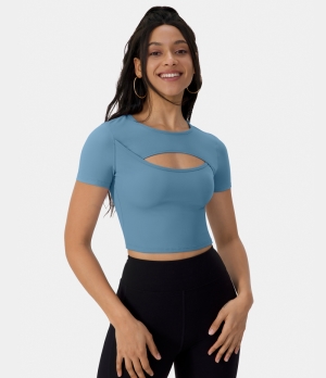 Halara Cloudful® Round Neck Cut Out Cropped Barre Ballet Dance Sports Women's Tops Blue Heaven | TYHJWVR-18