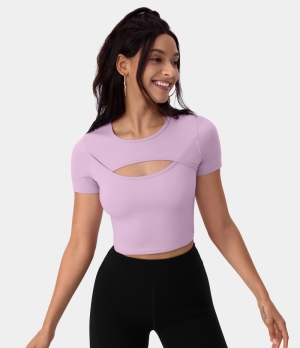 Halara Cloudful® Round Neck Cut Out Cropped Barre Ballet Dance Sports Women's Tops Pink Tulle | VNJWKQG-91