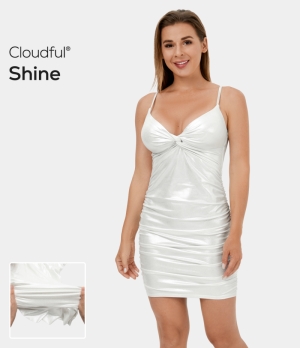 Halara Cloudful® Shine Adjustable Twisted Ruched Bodycon Foil Print Stretchy Mini Casual Women's Dress White | 105239-JTI