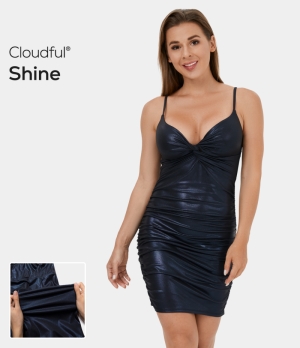 Halara Cloudful® Shine Adjustable Twisted Ruched Bodycon Foil Print Stretchy Mini Casual Women's Dress Dress Blues | 156349-ATF