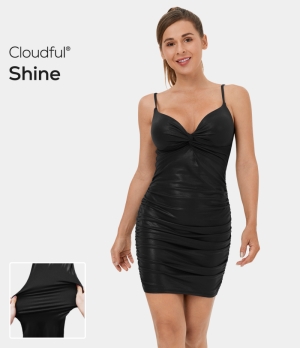 Halara Cloudful® Shine Adjustable Twisted Ruched Bodycon Foil Print Stretchy Mini Casual Women's Dress Black | 901285-QHU