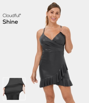 Halara Cloudful® Shine Backless Crisscross Adjustable Ruffle Hem Foil Print Stretchy Mini Casual Women's Dress Black | 237814-QCX