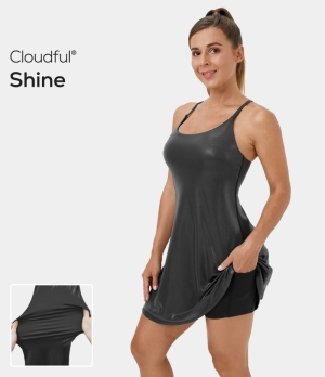 Halara Cloudful® Shine Crisscross 2-Piece Foil Print Stretchy Flare Dance Women's Dress Black | 098516-WCG