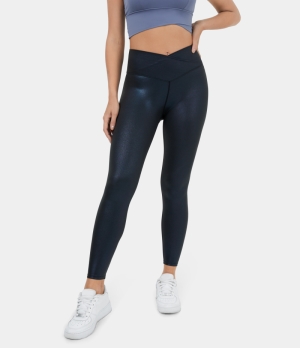 Halara Cloudful® Shine Crossover Back Pocket Foil Print Stretchy Yoga 7/8 Women's Leggings Dress Blues | 389564-SDH