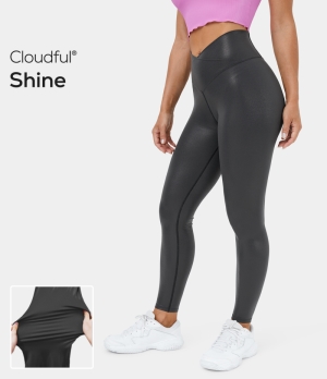Halara Cloudful® Shine Crossover Back Pocket Foil Print Stretchy Yoga 7/8 Women's Leggings Black | 923516-VYR