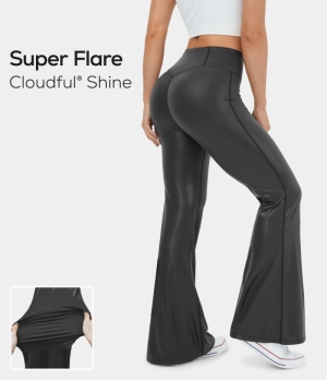 Halara Cloudful® Shine Crossover Waisted Foil Print Stretchy Super Flare Women's Leggings Black | 431290-WNE