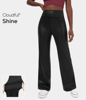 Halara Cloudful® Shine High Waisted Back Pocket Foil Print Stretchy Wide Leg Yoga Women's Pants Black | 084256-TDV