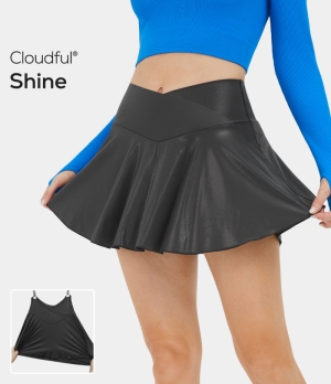 Halara Cloudful® Shine High Waisted Crossover 2-in-1 Side Pocket Foil Print Stretchy Flare Women's Skirts Black | 961042-EGM