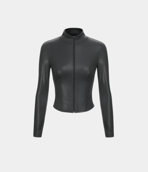 Halara Cloudful® Shine Mock Neck Full Zip Thumb Hole Foil Print Stretchy Casual Jacket Women's Tops Black | BXSEAUN-04