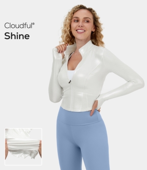 Halara Cloudful® Shine Mock Neck Full Zip Thumb Hole Foil Print Stretchy Casual Jacket Women's Tops White | TMBIYXU-71