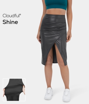 Halara Cloudful® Shine Ruched Split Hem Foil Print Stretchy Bodycon Midi Casual Women's Skirts Black | 320815-UVW