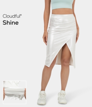 Halara Cloudful® Shine Ruched Split Hem Foil Print Stretchy Bodycon Midi Casual Women's Skirts White | 463198-NRI