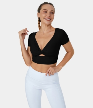 Halara Cloudful® Short Sleeve Twisted Cut Out Barre Ballet Dance Sports Women's Tops Black | MBQUVXH-06