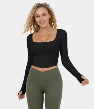 Halara Cloudful® Square Neck Thumb Hole Cropped Yoga Sports Women's Tops Black | ARTFLBI-40