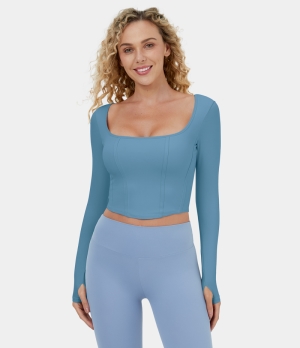 Halara Cloudful® Square Neck Thumb Hole Cropped Yoga Sports Women's Tops Blue Heaven | DPMGIQL-71