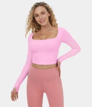 Halara Cloudful® Square Neck Thumb Hole Cropped Yoga Sports Women's Tops Pink Frosting | FYRQGIO-50