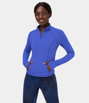 Halara Cloudful® Stand Collar Half Zip Pocket Thumb Hole Casual Sports Women's Tops Amparo Blue | DPSXTYE-64