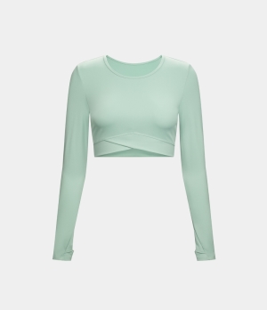 Halara Cloudful® Thumb Hole Crossover Hem Cropped Yoga Sports Women's Tops Aqua Foam | ENQJMHZ-14