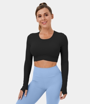 Halara Cloudful® Thumb Hole Crossover Hem Cropped Yoga Sports Women's Tops Black | HFDKUWC-26