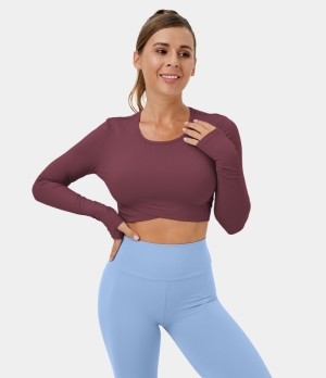 Halara Cloudful® Thumb Hole Crossover Hem Cropped Yoga Sports Women's Tops Andorra | RBJIQFN-31