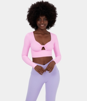 Halara Cloudful® Twisted Cut Out Cropped Barre Ballet Dance Sports Women's Tops Pink Frosting | KLJZWVB-04