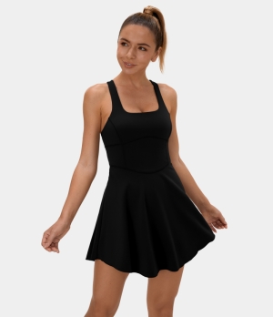 Halara Cloudful® U Neck Crisscross Side Pocket 2-Piece Tennis Women's Dress Black | 174093-KVT