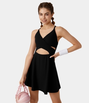 Halara Cloudful® V Neck Crossover Cut Out Backless Side Pocket 2-Piece Dance Women's Dress Black | 593164-FSZ