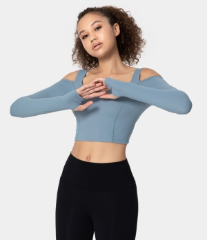 Halara Cold Shoulder Thumb Hole Backless Twisted Cropped Sports Women's Tops Carolina Blue | EBYMOIX-41