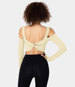 Halara Cold Shoulder Thumb Hole Backless Twisted Cropped Sports Women's Tops Milky Yellow | KACHBGQ-97
