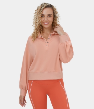 Halara Collared Button Bishop Sleeve Cropped Casual Sports Sweatshirt Women's Tops Almost Apricot | BCAFPGE-95