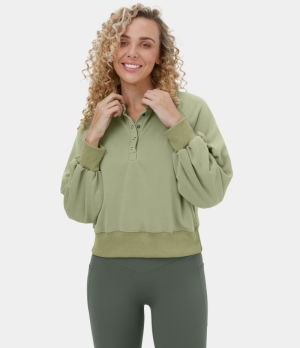 Halara Collared Button Bishop Sleeve Cropped Casual Sports Sweatshirt Women's Tops Tea | HCTZJIR-71