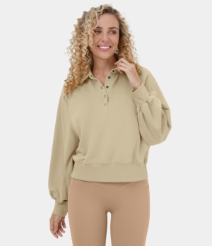 Halara Collared Button Bishop Sleeve Cropped Casual Sports Sweatshirt Women's Tops Mojave Desert | HQLJGSF-26