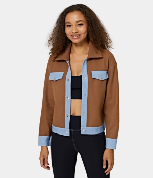 Halara Collared Button Color Block Jacket Women's Tops Brown | QSVMLIB-06