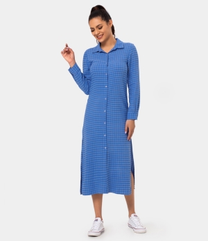 Halara Collared Button Front Long Sleeve Split Hem Midi Plaid Women's Dress Ocean Blue | 719340-PXU