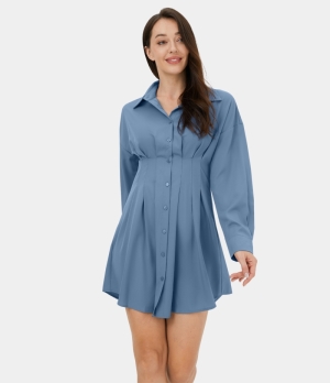 Halara Collared Button Front Plicated Mini Casual Shirt Women's Dress Quiet Harbor | 189543-ILJ