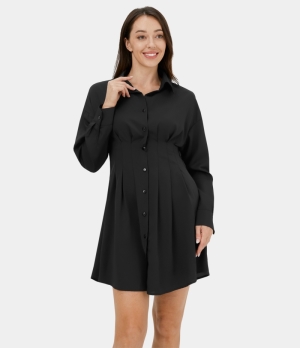 Halara Collared Button Front Plicated Mini Casual Shirt Women's Dress Black | 674250-WMX