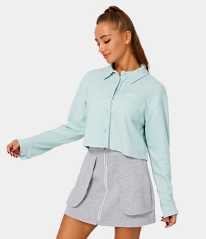 Halara Collared Button Front Pocket Cropped Plain Jacket Women's Tops Mist | CGYWAQX-23