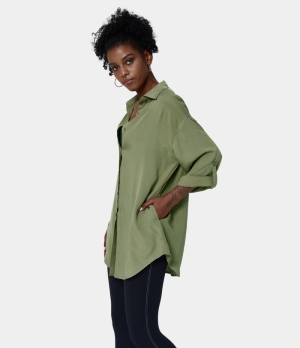 Halara Collared Button Front Roll Up Sleeve Plain Shirt Women's Tops Moss Green | BDMRLNC-42