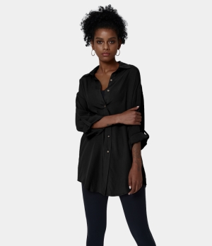 Halara Collared Button Front Roll Up Sleeve Plain Shirt Women's Tops Black | ZVPTKEO-59