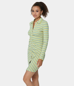 Halara Collared Button Front Striped Ribbed Knit Mini Bodycon Women's Dress Celery | 726408-DSH
