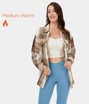 Halara Collared Button Lace Up Plaid Fleece Casual Jacket Women's Tops Khaki Plaid | ALDKSRW-39